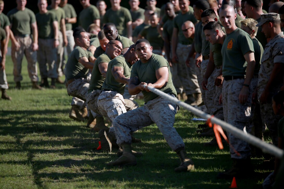 The Marines of Marine Wing Support Squadron 273 participate in a squadron-wide field meet aboard Marine Corps Air Station Beaufort, Oct. 10. The field meet consisted of various events including humvee pull, 7-ton pull, relay race, obstacle course relay, tug-of-war and a pull up competition. Marine Wing Support Squadron 273 provides all essential aviation ground support to a designated fixed-wing component of a Marine Aviation Combat Element (ACE), and all supporting or attached elements of the Marine Air Control Group (MACG). This support includes: internal airfield communications, weather services, expeditionary airfield services, aircraft rescue and firefighting, aircraft and ground refueling, essential engineering services, motor transport, messing, chemical defense, security and law enforcement, airbase commandant functions, and explosive ordinance disposal.