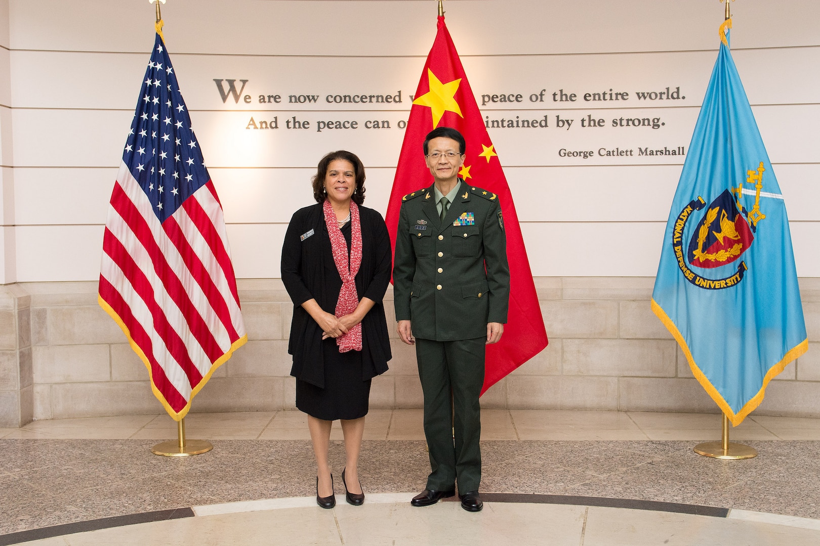 NDU Interim President AMB Wanda Nesbitt and Major General Wu Jieming, Deputy Political Commissar of China's People's Liberation Army National Defense University (PLA NDU).