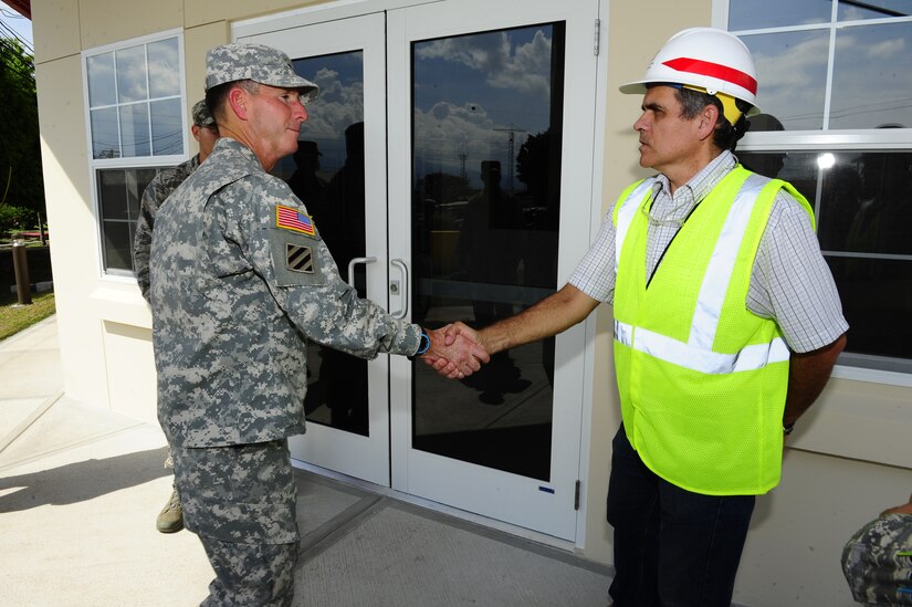 Maj. Gen. Joseph P. DiSalvo, Commanding General, U.S. Army South, visited various areas of Joint Task Force-Bravo to view the construction progress at Soto Cano Air Base, Honduras, Oct. 21, 2014. Maj. Gen. DiSalvo visited different areas of the post to learn more about the continued efforts to upgrade infrastructure and to recognize personnel for their accomplishments. (Photo by Martin Chahin)