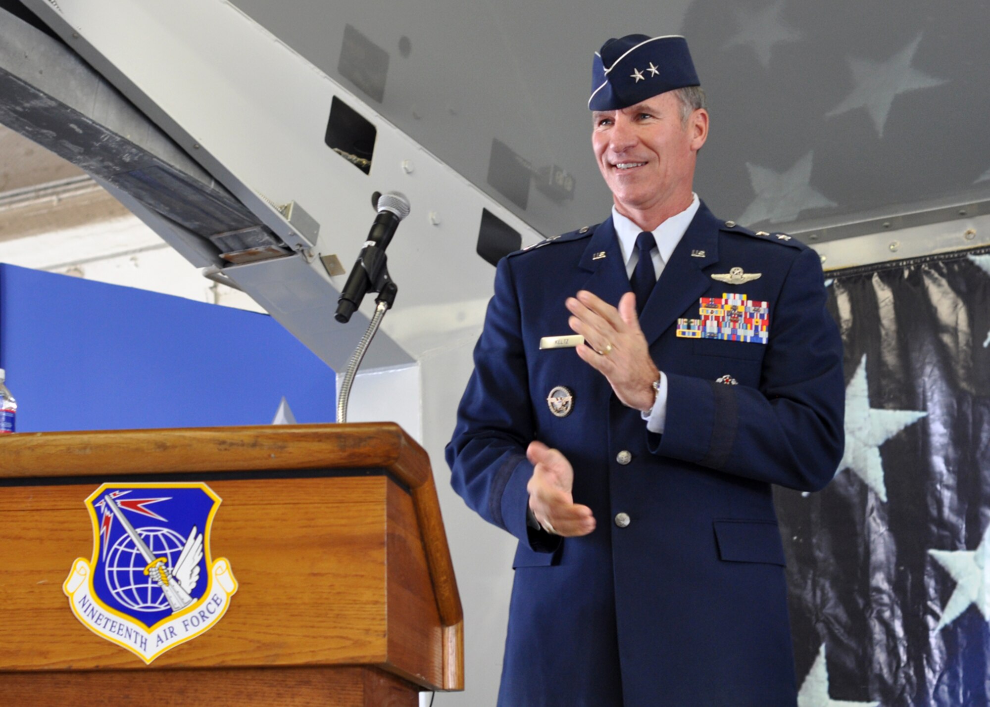 The newly appointed commander of 19th Air Force, Maj. Gen. Michael A. Keltz, addresses the audience during an assumption of command ceremony at Joint Base San Antonio-Randolph, Texas, Oct. 24.  Keltz's previous assignment was director of Intelligence, Operations and Nuclear Integration at the Air Education and Training Command. Nineteenth Air Force will oversee 19 training locations, with 16 Total Force wings, 10 active duty, one Air Force Reserve and five Air National Guard units. The numbered Air Force commands more than 32,000 members and operates more than 1,350 aircraft that collectively fly more than 490,000 hours annually. (U.S. Air Force Photo by Tech. Sgt. Joshua Strang)