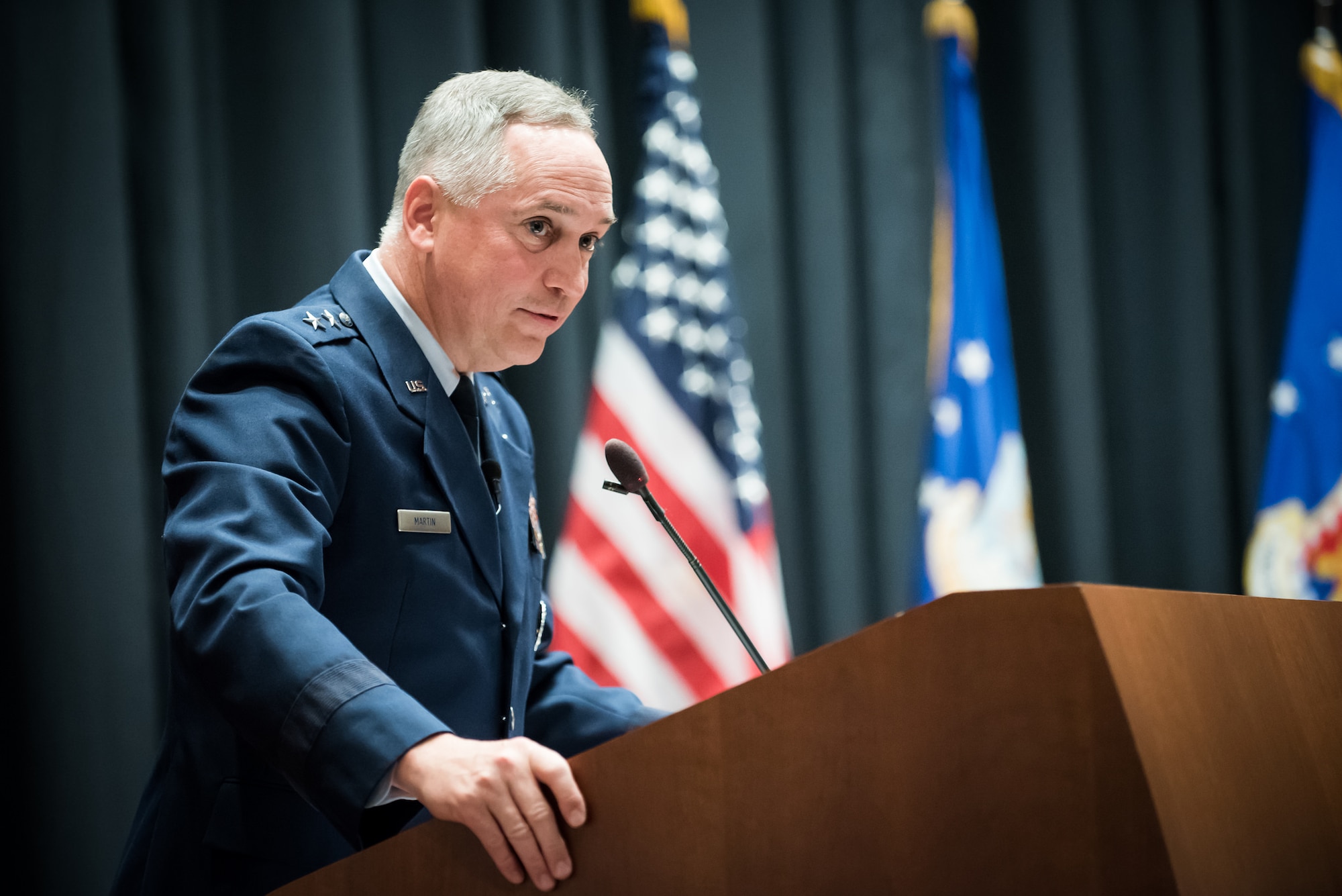Maj. Gen. Frederick H. Martin, U.S. Air Force Expeditionary Center commander, speaks at the USAF EC Reorganization Ceremony Oct. 22, 2014, on Joint Base McGuire-Dix-Lakehurst, N.J. The ceremony combined the newly re-designated 423rd Mobility Training Squadron with the function of the previous Mobility Operations School and the 422nd Joint Tactics Squadron. The USAF Expeditionary Operation School educates and trains general purpose and Mobility Air Forces personnel across the full range of required expeditionary knowledge and skills. (U.S. Air Force photo by Russ Meseroll/Released)
