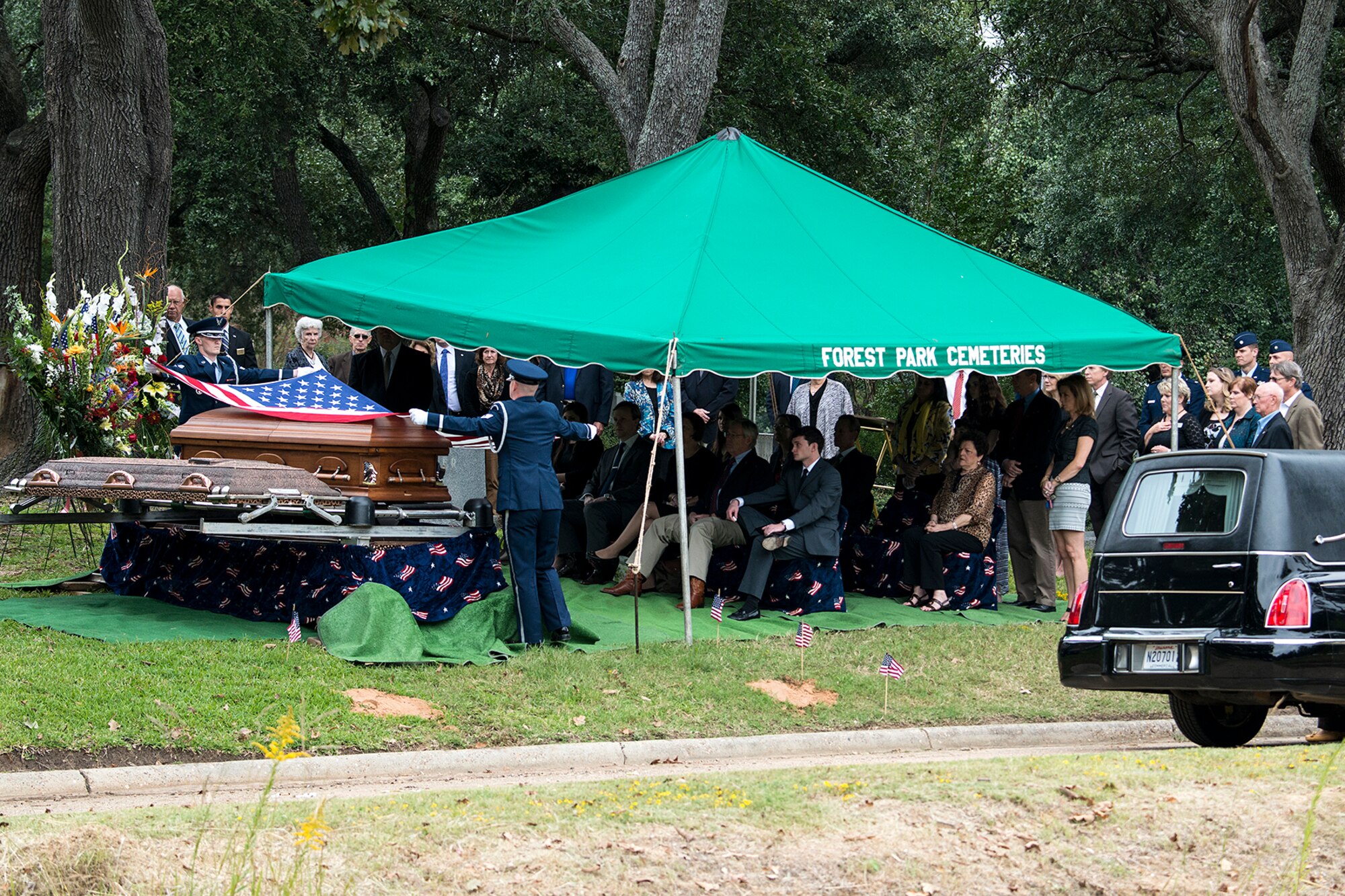 Family and friends attend the funeral service for Claude McCrocklin, Oct. 23, 2014, Shreveport, La. McCrocklin, a World War II B-24 bombardier and Prisoner of War, died Oct. 18, 2014, after a lengthy illness. He was 93. (U.S. Air Force photo by Master Sgt. Greg Steele/Released)