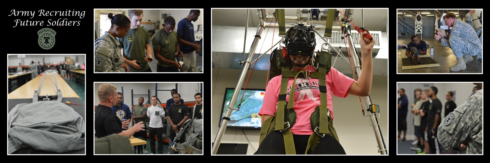 Special Operations Command Central hosts the first Army Recruiting Future Soldiers Event Oct. 17, 2014 at MacDill Air Force Base, Fla. This was a three-hour event that consisted of 13 future soldiers from the Orlando Recruiting Company viewing static displays of the various missions that SOCCENT supports, including the parachute riggers. (U.S. Air Force photo layout by Senior Airman Jenay Randolph/Released)