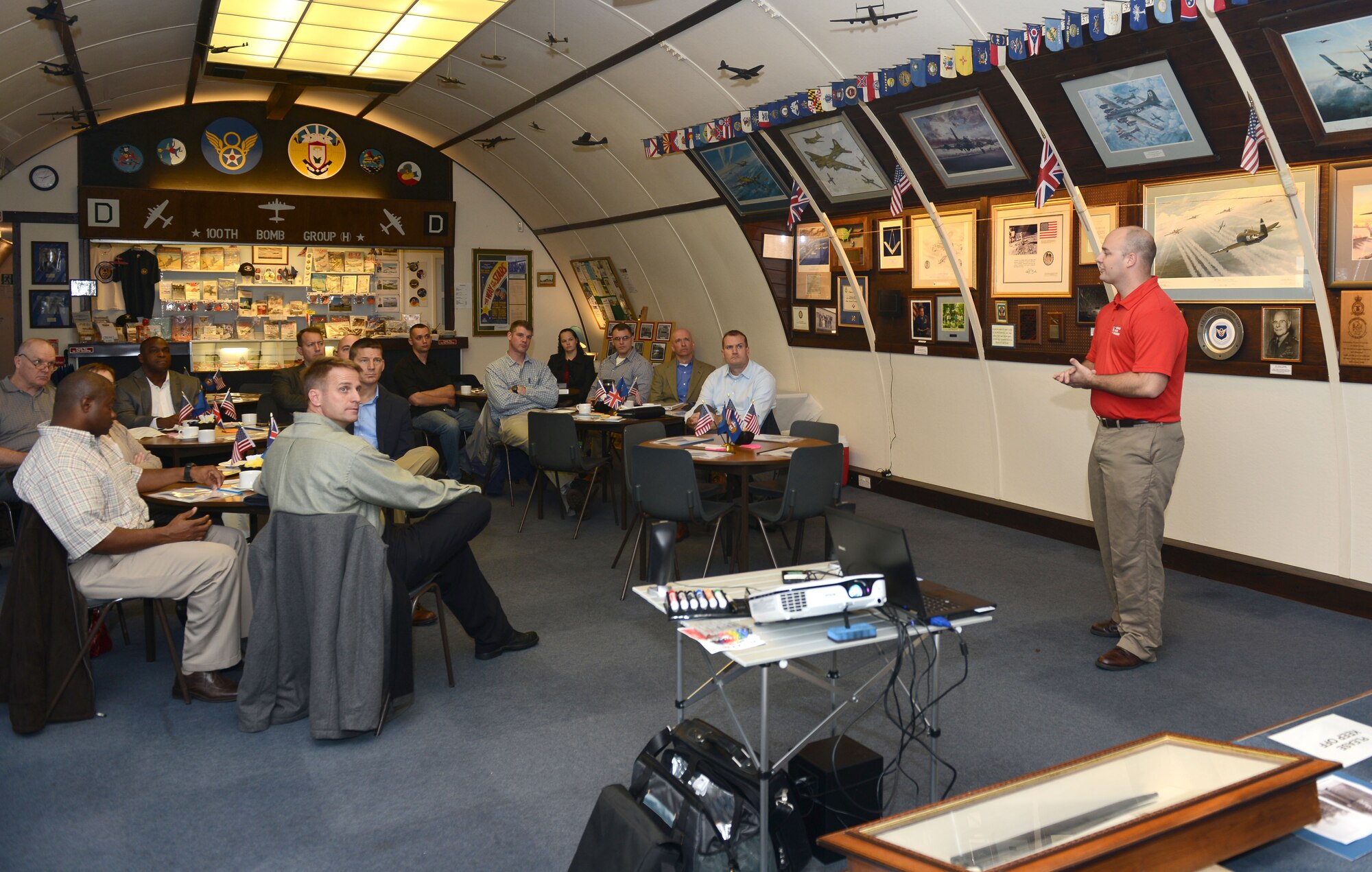 U.S. Air Force Master Sgt. Scott Eidson, right, 100th Air Refueling Wing Continuous Process Improvement office superintendent from Odessa, Texas, leads a Continuous Process Improvement off-site event Oct. 24, 2014, at Thorpe Abbotts near Diss, England. The event gave commanders and other leaders an opportunity to discuss improvement strategies for the wing and its mission to provide and employ global air refueling, combat support and expeditionary forces. (U.S. Air Force photo by Senior Airman Kate Maurer/Released)