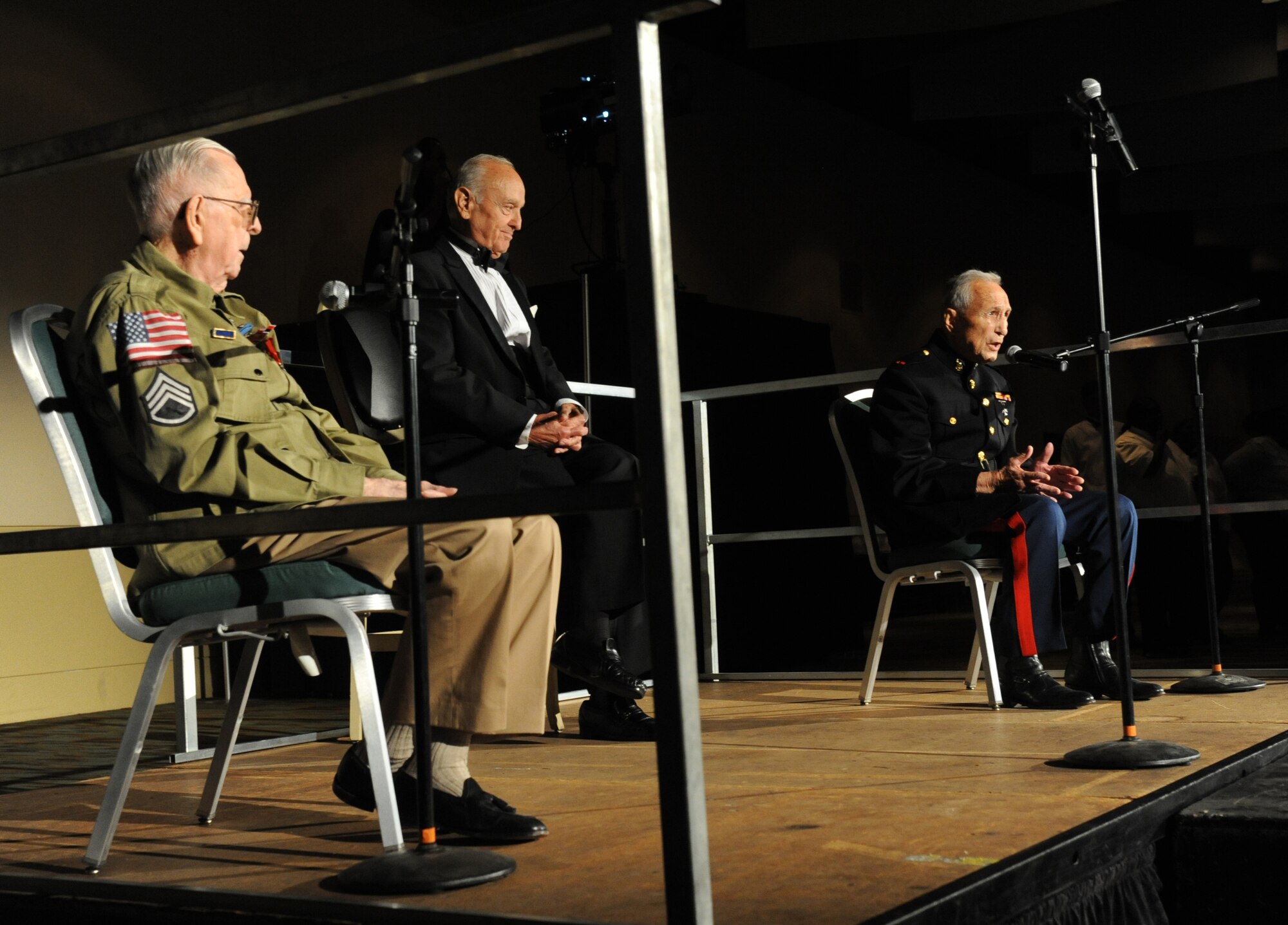 Members of the “A-Team” from the National World War II Museum in New Orleans, La., perform a presentation during the 36th Annual Salute to the Military Oct. 21, 2014, at the Mississippi Coast Coliseum in Biloxi, Miss.  Master Sgt. Courtney King, Mathies NCO Academy instructor, Keesler Air Force Base, was recognized as the winner of the Thomas V. Fredian Community Leadership Award at the event. (U.S. Air Force photo by Kemberly Groue)