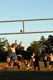 The 437th Aircraft Maintenance Squadron scores a field goal during an intramural flag football game Oct 21, 2014, at Joint Base Charleston, S.C. The 628th Civil Engineer Squadron defeated AMXS 24 - 14. (U.S. Air Force photo/Staff Sgt. Renae Pittman)