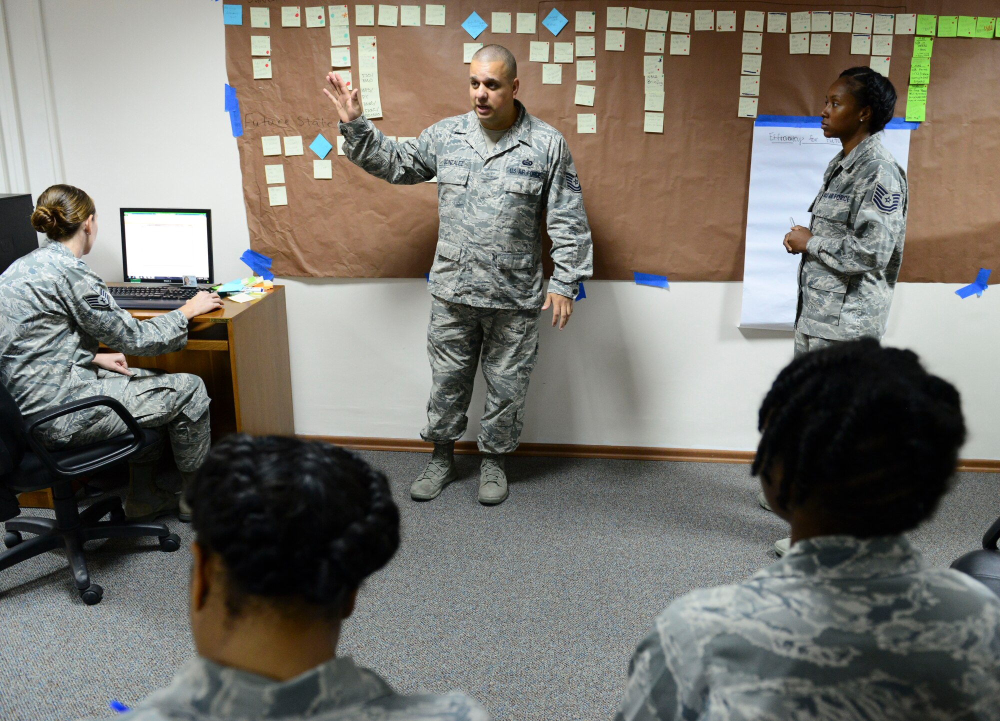 Tech. Sgt. Max Gonzales, 39th Force Support Squadron manpower analyst, facilitates an Air Force Smart Operations of the 21st century event on the stork nesting program Oct. 23, 2014, Incirlik Air Base, Turkey. Gonzales guides the process through the appropriate stages. (U.S. Air Force photo by Staff Sgt. Eboni Reams/Released)