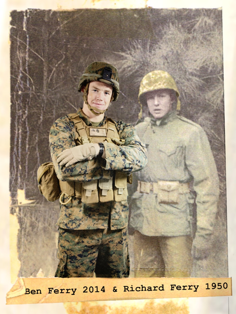 Lance Cpl. Benjamin Ferry and his grandfather, Richard T. Ferry, have each served with the 3rd Battalion, 5th Marines -- more than 60 years apart. U.S. Marine Corps photo illustration