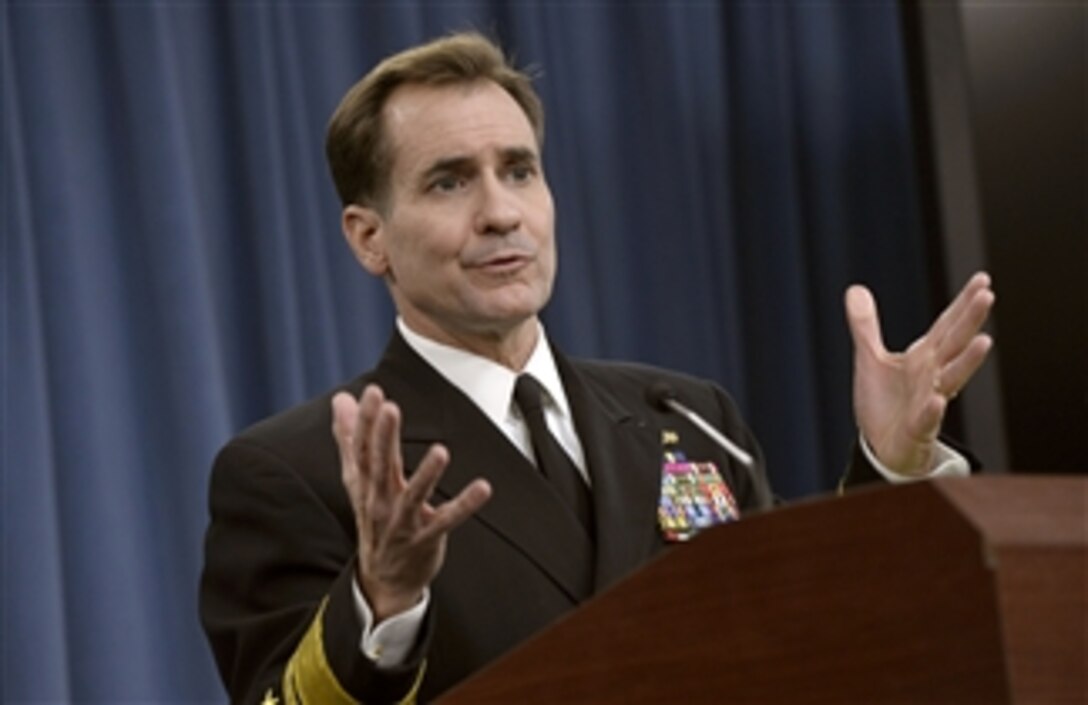 Pentagon Press Secretary Navy Rear Adm. John Kirby briefs reporters at the Pentagon, Oct. 24, 2014, on the fight against the Islamic State in Iraq and the Levant, or ISIL, and gives updates on recent assessments regarding North Korea's longstanding nuclear ambitions.