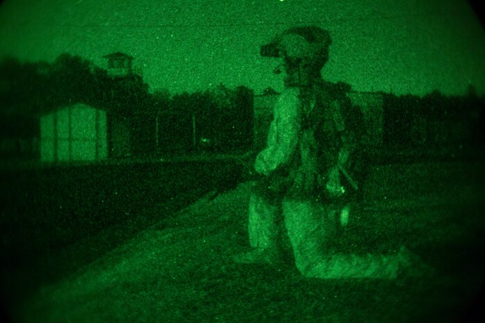 A Marine with the Maritime Raid Force, 24th Marine Expeditionary Unit, provides security during a training exercise in southern Georgia, Oct. 22, 2014. The MRF participated in a precision raid to capture a notional high value individual as part of Composite Training Unit Exercise. The 24th MEU is scheduled to deploy at the end of the year. (U.S. Marine Corps photo by Cpl. Todd F. Michalek)