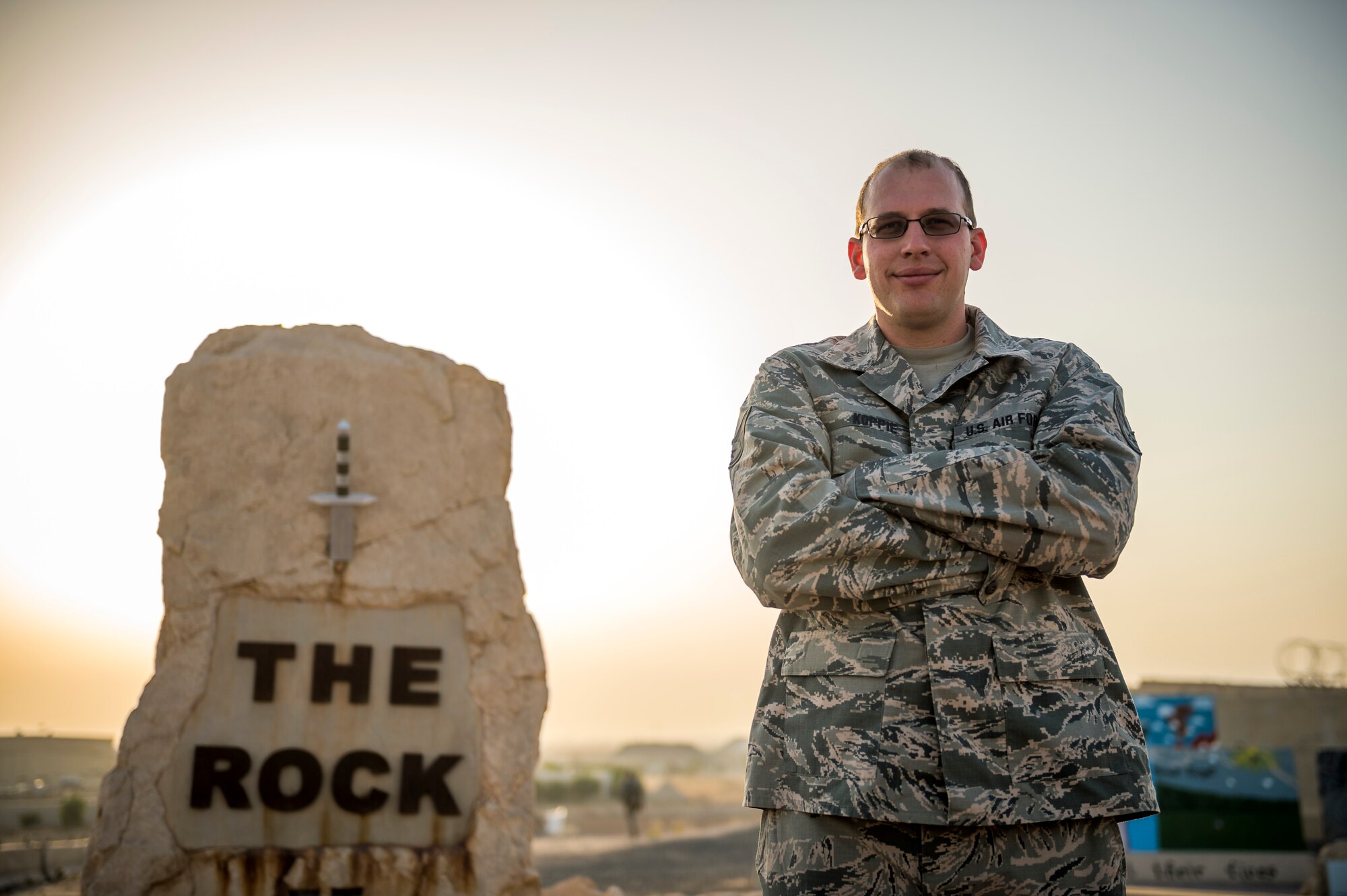 This week's Rock Solid Warrior Staff Sgt. Thomas Koppie. He is a communications counter measures navigation systems technician with the 386th Expeditionary Aircraft Maintenance Squadron. The Genoa, Ill. native is deployed from the 934TH Maintenance Squadron, Air Reserve Base, Minn. (U.S. Air Force photo by Staff Sgt. Jeremy Bowcock) 
