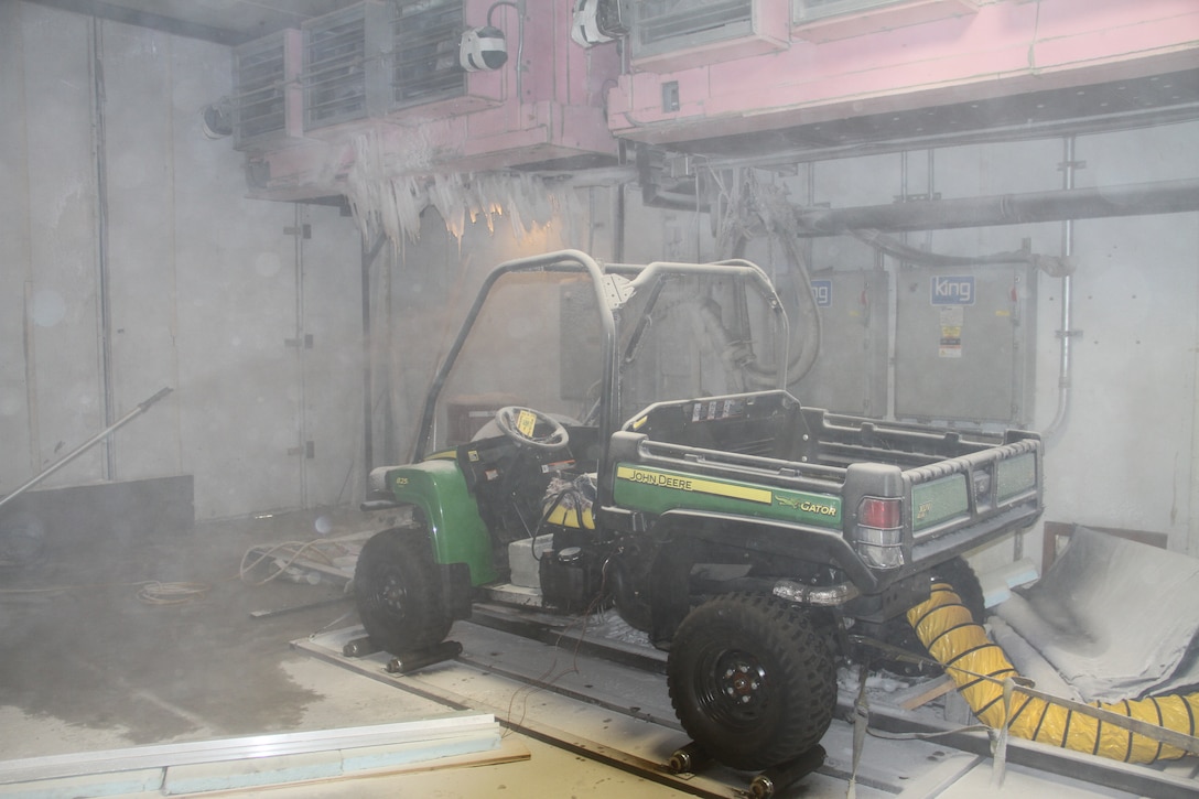 CRREL evaluates the cold weather performance of a John Deere Gator in the Materiel Evaluation Facility (MEF), a large cold-room facility that can be set up at temperatures ranging from −20°F to 120°F with a temperature change rate of 10°F per hour.
