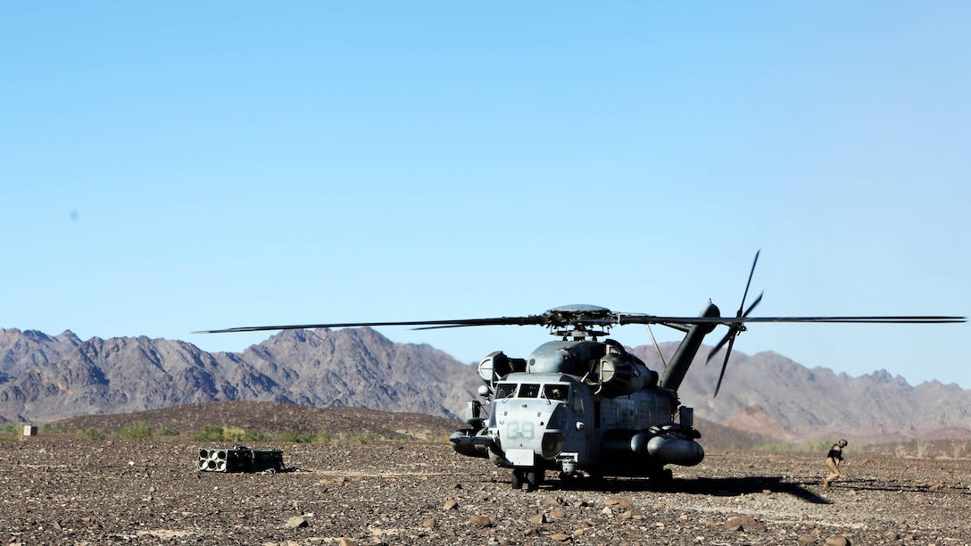A CH-53E Super Stallion with Marine Heavy Helicopter Squadron 462 prepares to take off before conducting external lifts with Combat Logistics Battalion 13 aboard Marine Corps Air Station Yuma, Ariz., Oct. 23. The training allows the Marines to receive sufficient training connecting and disconnecting cargo.