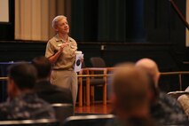 Vice Adm. Nora W. Tyson, Deputy Commander for U.S. Fleet Forces Command, speaks with Marines and Coalition forces assigned to 2nd Marine Expeditionary Brigade (MEB) at a transition brief in support of exercise Bold Alligator 14, at Naval Operations Base Norfolk, Va., Oct. 25, 2014. Exercise Bold Alligator 14 is a multi-national, synthetic naval amphibious exercise designed to train the full range of amphibious capabilities in order to provide unique and contemporary solutions to global challenges.