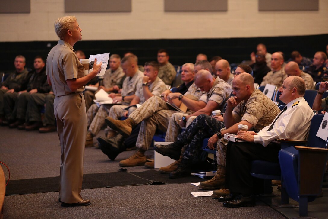 Vice Adm. Nora W. Tyson, Deputy Commander for U.S. Fleet Forces Command, speaks with Marines and Coalition forces assigned to 2nd Marine Expeditionary Brigade (MEB) at a transition brief in support of exercise Bold Alligator 14, at Naval Operations Base Norfolk, Va., Oct. 25, 2014. Exercise Bold Alligator 14 is a multi-national, synthetic naval amphibious exercise designed to train the full range of amphibious capabilities in order to provide unique and contemporary solutions to global challenges.