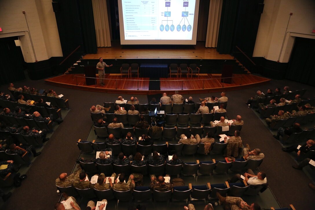 U.S. Marine Maj. Marcus J. Mainz, Future Operations planner with 2d Marine Expeditionary Brigade (MEB), speaks with Marines, sailors and Coalition forces assigned to 2d MEB at a transition brief in support of exercise Bold Alligator 14, at Naval Operations Base Norfolk, Va., Oct. 25, 2014. Exercise Bold Alligator 14 is a multi-national, synthetic naval amphibious exercise designed to train the full range of amphibious capabilities in order to provide unique and contemporary solutions to global challenges.