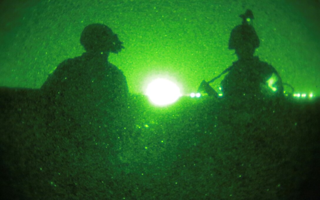U.S. Marines with Kilo Company, Battalion Landing Team, 3rd Battalion, 1st Marine Regiment, 15th Marine Expeditionary Unit, provide security during a simulated mechanized night raid aboard Camp Pendleton, Calif., Oct. 23, 2014. BLT 3/1 is the 15th MEU’s ground combat element. (U.S. Marine Corps photo by Cpl. Steve H. Lopez/Released)
