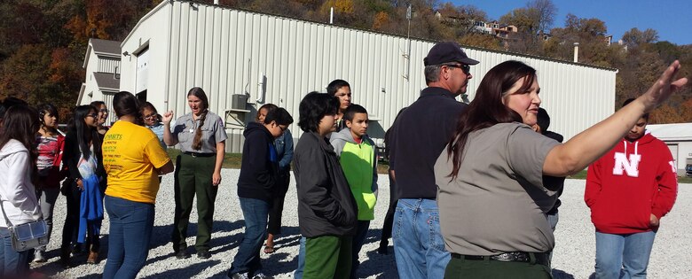 Middle School students from Bryan and Norris in Omaha Nebraska toured the Missouri River Project facility with Corps representatives, from left, Ruth Bentzinger, Alan Schmidt, and Angela Pletka. 