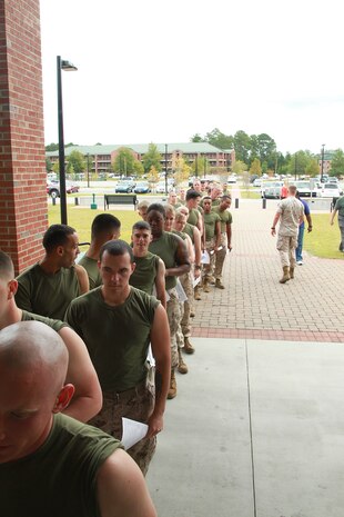 U.S. Marines wait in line for their immunization shots during Exercise Vigilant Response 2014 (VR14) aboard Marine Corps Air Station New River, N.C., Oct. 7, 2014.  VR14 was a two-day exercise designed to test the ability to conduct command and control measures in response to a pandemic outbreak aboard the Air Station.