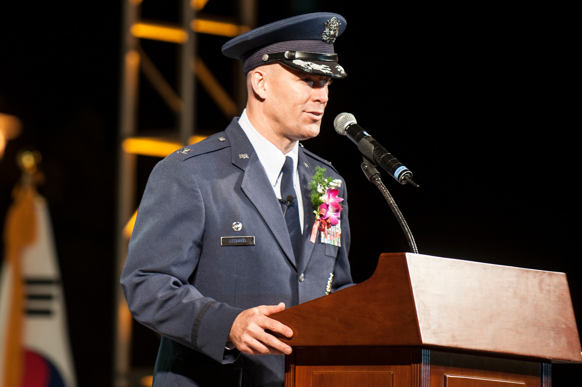 Col. Brook Leonard, 51st Fighter Wing commander, speaks during the opening ceremony of the 11th Korean American Friendship Cultural Festival at the Sontang Entertainment District, Republic of Korea, Oct. 25, 2014. The festival is a way for Koreans and Americans to celebrate their long-lasting friendship. (U.S. Air Force photo by Senior Airman Matthew Lancaster)