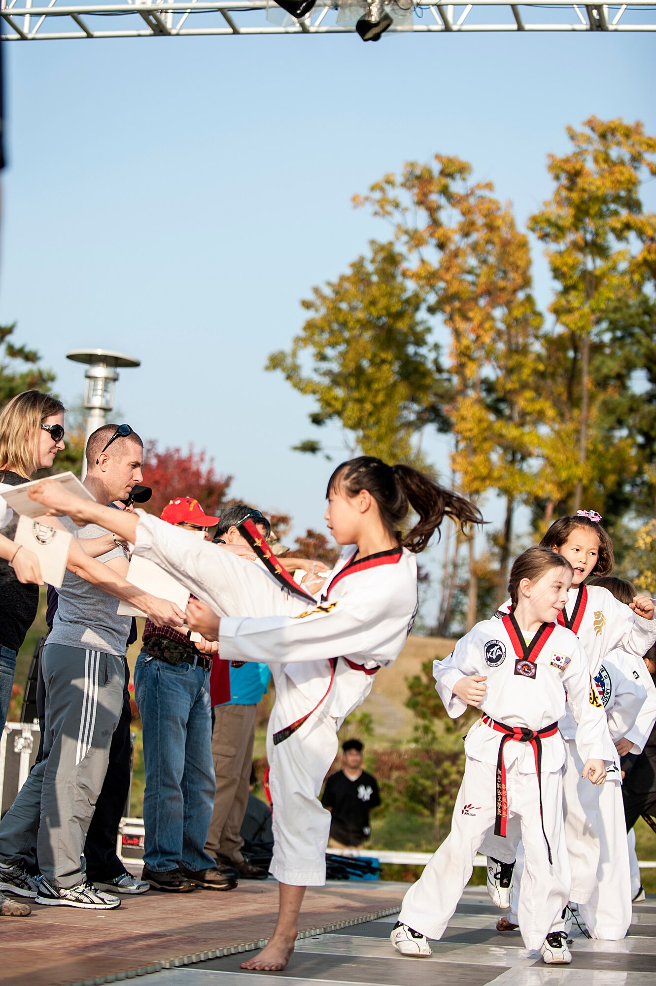 Members of a local Taekwondo group demonstrate their skills during the 11th Korean American Friendship Cultural Festival at the Songtan Entertainment District, Republic of Korea, Oct. 25, 2014. The featured American and Korean stage performers, martial arts demonstrations, cultural food and entertainment booths. (U.S. Air Force photo by Senior Airman Matthew Lancaster)