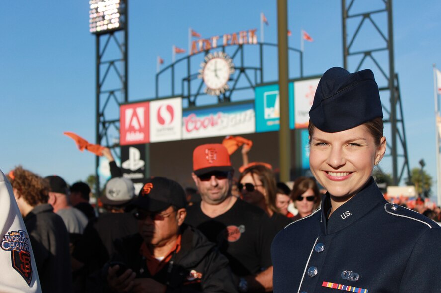Airman 1st Class Michelle Doolittle, U.S. Air Force Band of the Golden West vocalist, poses for a photo Oct. 26, 2014, at AT&T Park in San Francisco, California. Doolittle sang "God Bless America" during the seventh-inning stretch of Game Five of the World Series. (U.S. Air Force photo by Staff Sgt. Megan May)