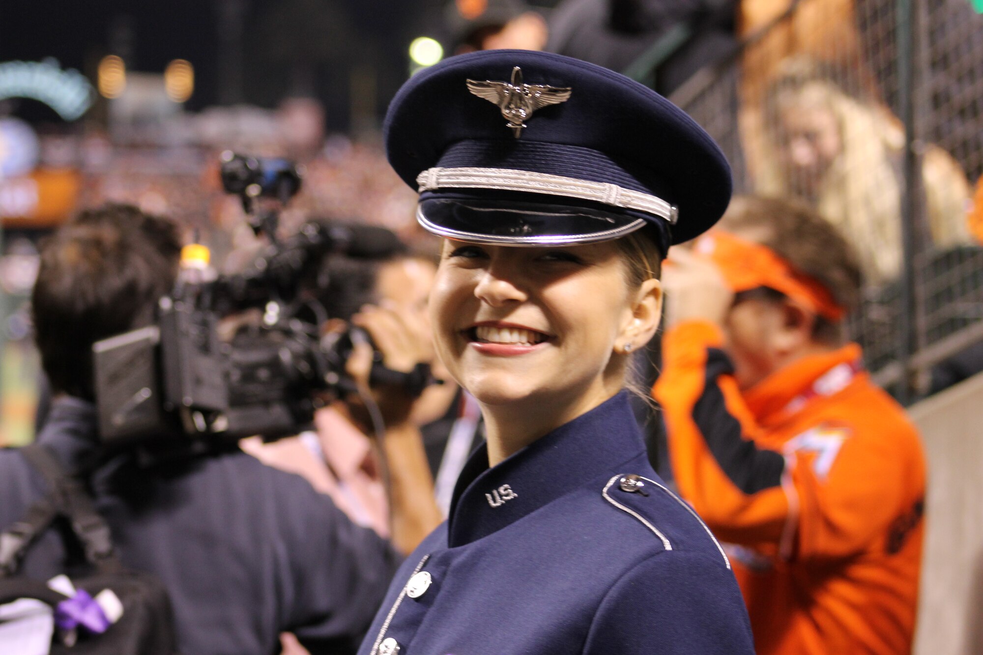 Airman 1st Class Michelle Doolittle, U.S. Air Force Band of the Golden West vocalist, prepares for her performance Oct. 26, 2014, at AT&T Park in San Francisco, California. Doolittle sang "God Bless America" during the seventh-inning stretch of Game Five of the World Series. (U.S. Air Force photo by Staff Sgt. Megan May)