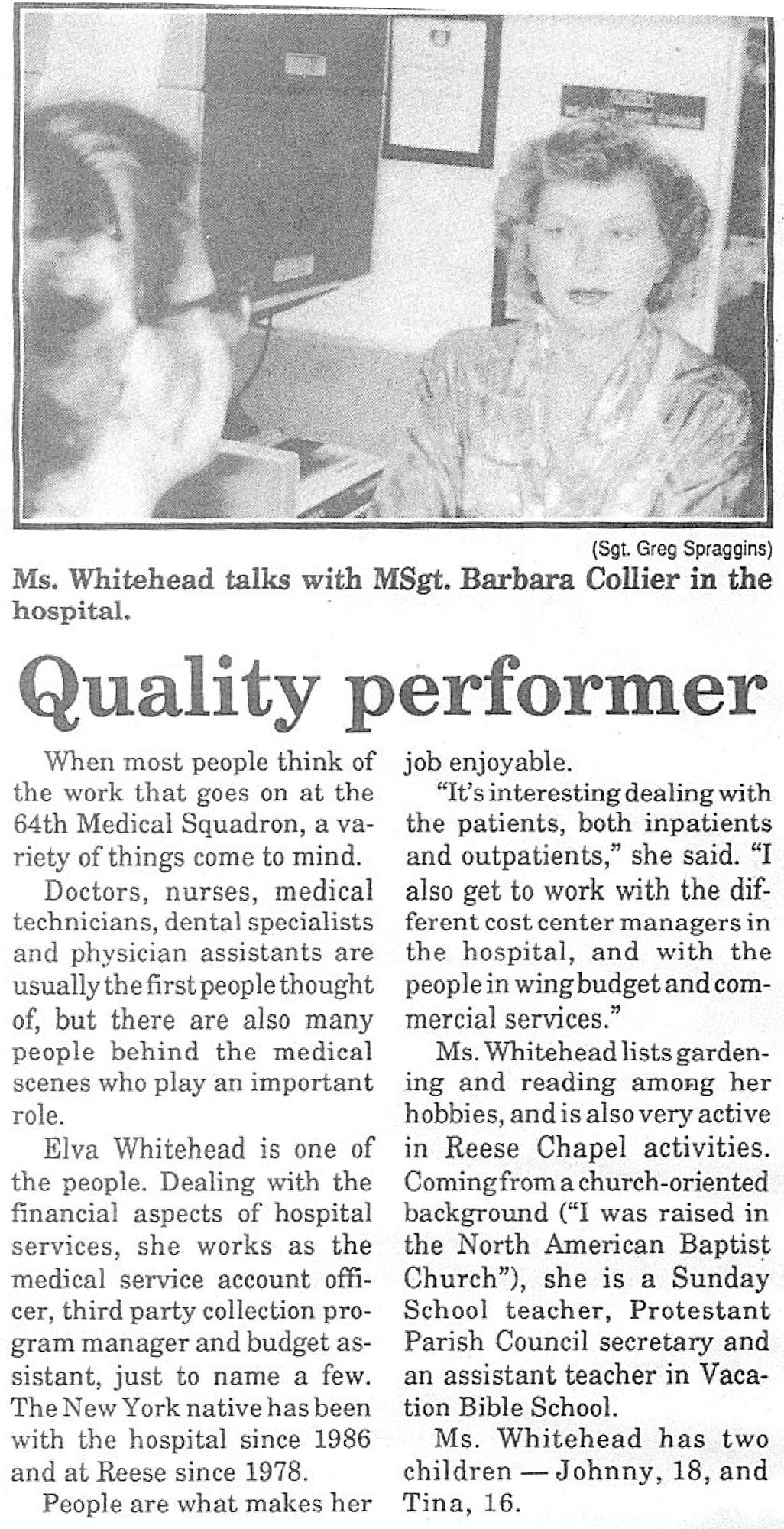 ALTUS AIR FORCE BASE, Okla. – Elva Whitehead is featured in a 1992 issue of the Reese Air Force Base, Texas newspaper for being a quality performer. During the time, Whitehead was the medical service account officer. Whitehead will be retiring after 36 years of service on Nov. 3, 2014. (Courtesy Photo) 