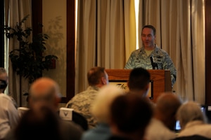 Col. Brad Hoagland, 11th Wing commander, expresses the importance of accessibility to retiree benefits at Joint Base Andrews and Anacostia-Bolling Retiree Appreciation Day at The Club on JBA, Maryland, Oct. 25, 2014. The event featured a health fair, legal and causality assistance, Space-A Travel briefings and identification card renewals. (U.S. Air Force photo/ Senior Airman Nesha Humes)