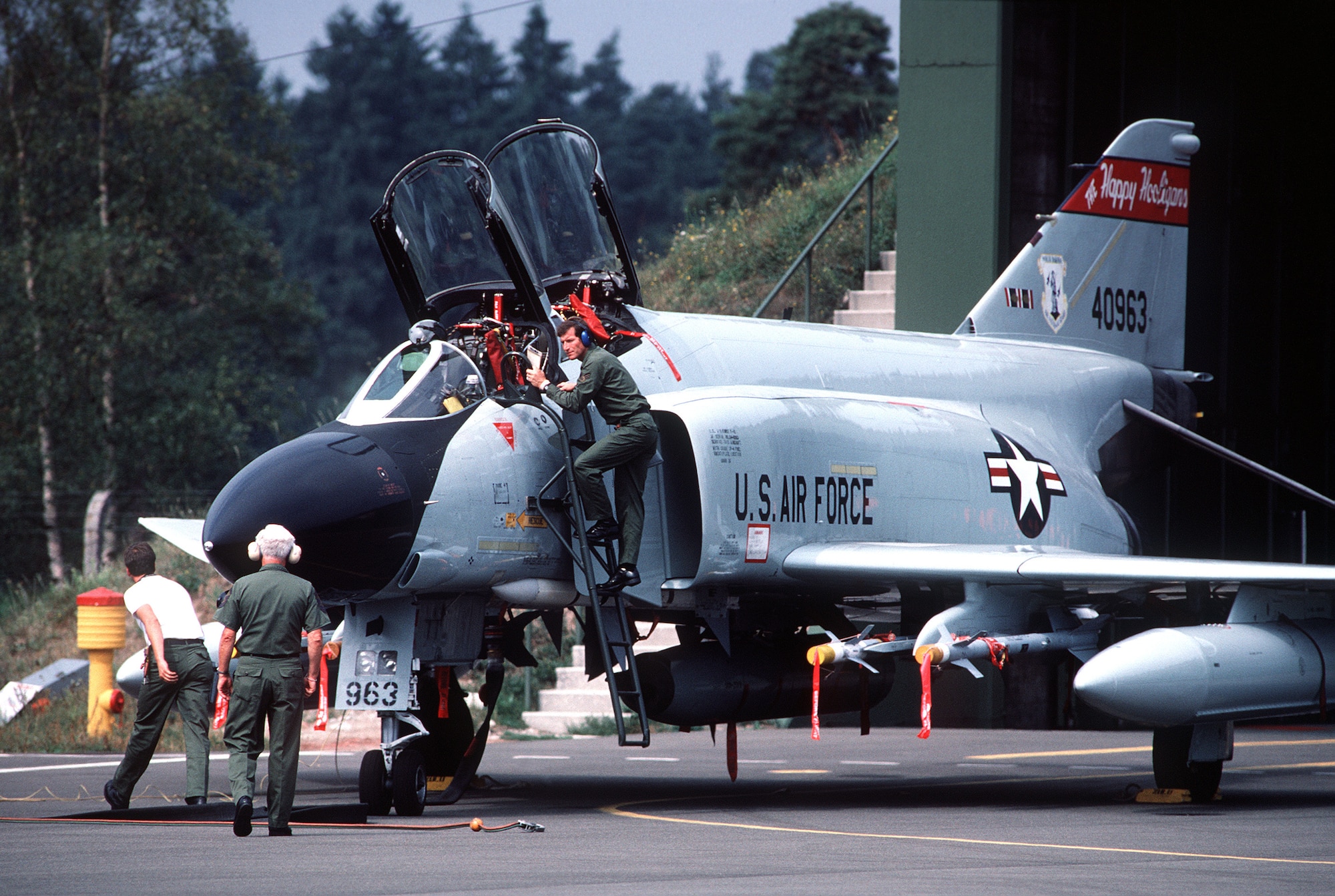 Maintenance crews prepare an ANG F-4D Phantom II aircraft for launch during Creek Klaxon, a deployment where Air National Guard units from 20 states were sent to temporarily assume the Zulu Alert duties of the 526th Tactical Fighter Squadron (USAFE) at Ramstein Air Base, Germany, from 1 April 1986 to 1 April 1987.   