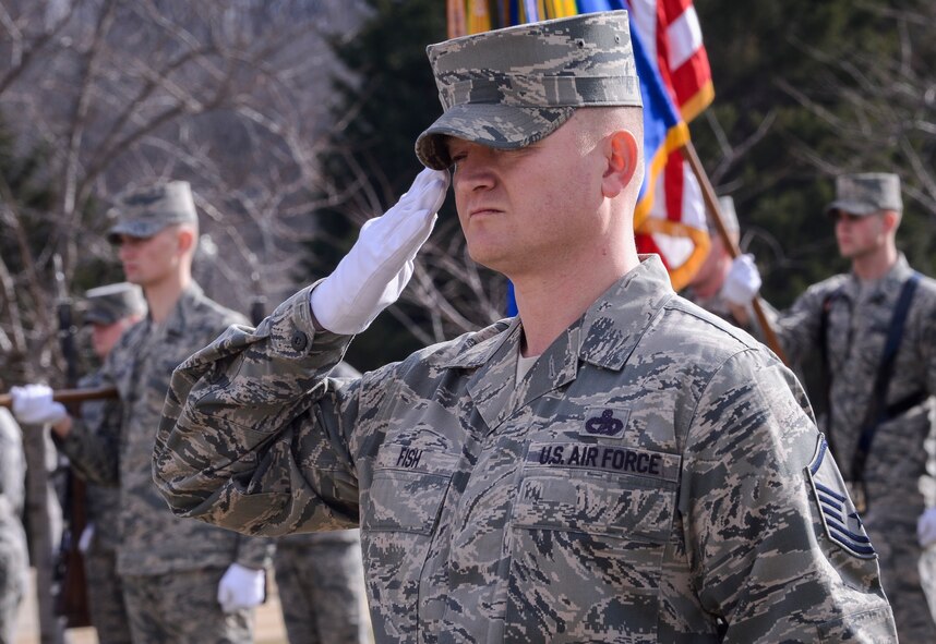 Master Sgt .Duane Fish, United States Air Force Honor Guard Ceremonial Flight superintendent, salutes during a demonstration event at the Honor Guard Campus in 2014. Ceremonial support is one of three core mission sets that AFDW is responsible for. This support can vary from participating in National Special Security Events such as the State of the Union Address or Presidential Inaugurations to providing official honors during funerals at Arlington National Cemetery. (Courtesy Photo) 