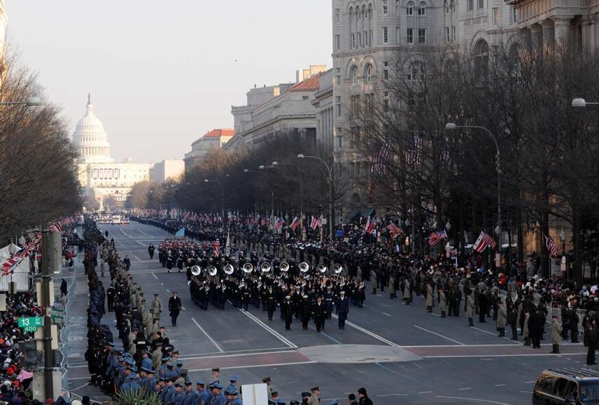 Parade participants march down Pennsylvania Avenue during the 2009 presidential inaugural parade in Washington, D.C., Jan. 20, 2009. Ceremonial support is one of three core mission sets that AFDW is responsible for. This support can vary from participating in National Special Security Events such as the State of the Union Address or Presidential Inaugurations to providing official honors during funerals at Arlington National Cemetery. (DOD photo by Mass Communication Specialist 2nd David Coleman, U.S. Navy/Released)
