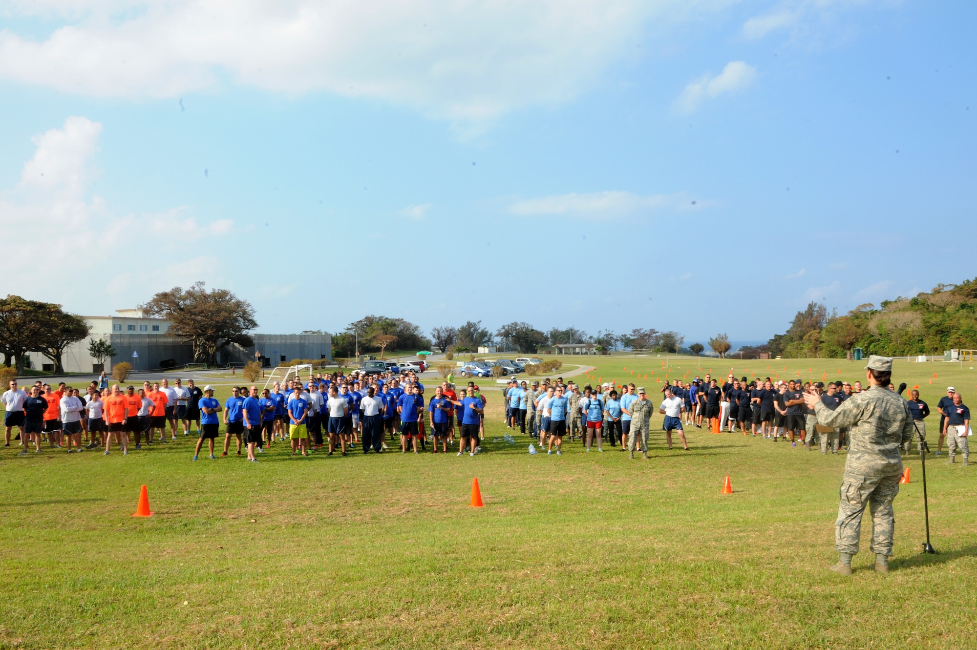 U.S. Air Force Col. Debra Lovette, 18th Mission Support Group commander, gives an opening speech to start off the 2014 MSG sports day on Kadena Air Base, Japan, Oct. 24, 2014. The group has its sports day every year where it brings together all of the squadrons in the group and lets them battle it out in a series of sporting events throughout the day. (U.S. Air Force Photo by Airmen 1st Class Stephen G. Eigel/Released)