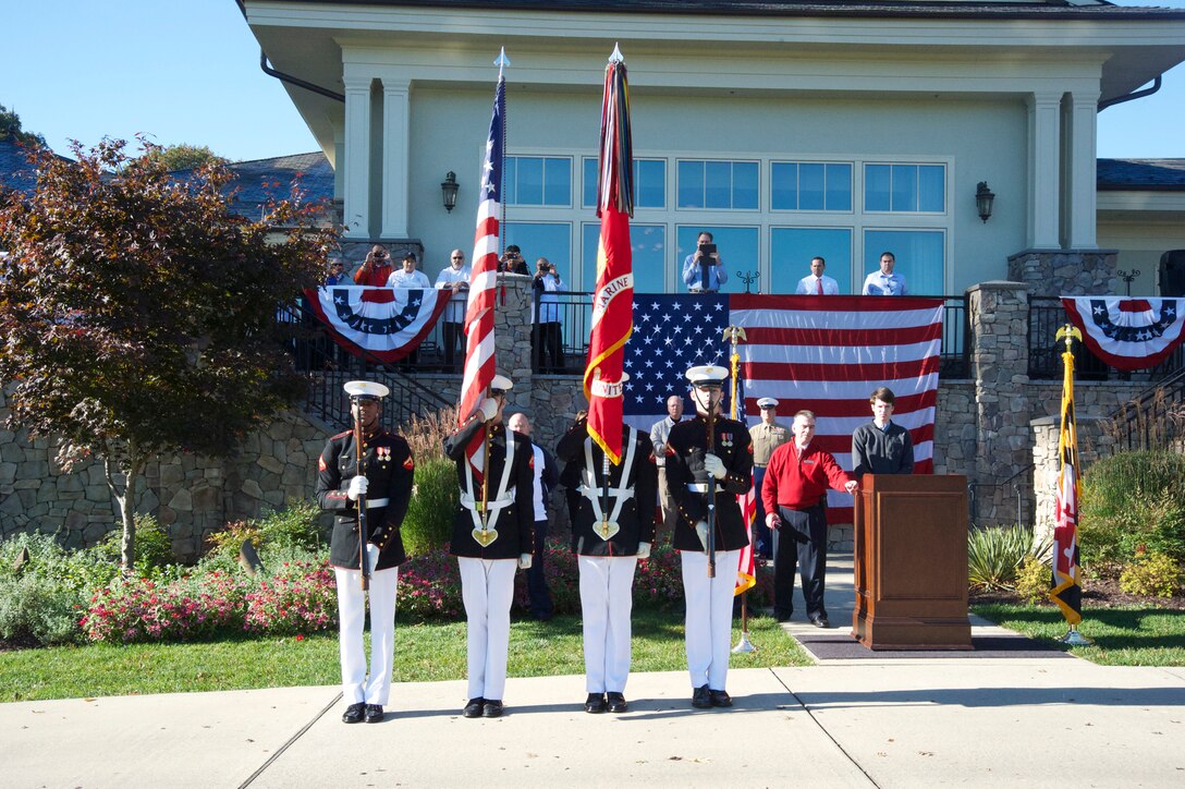 A Marine color guard, from the Marine Corps Barracks Washington, posts