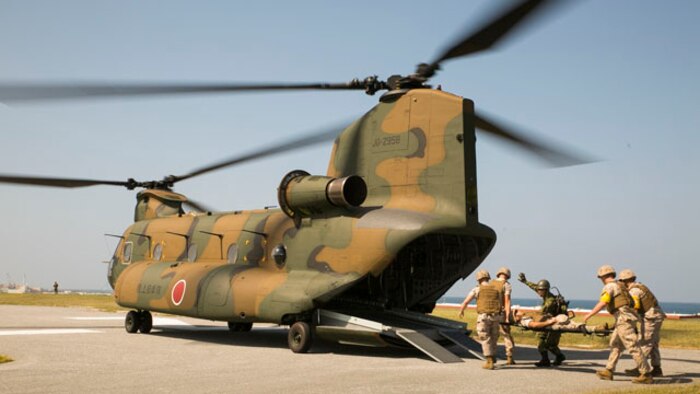 Marines load simulated casualties onto a Japan Ground Self-Defense Force CH-47 helicopter Oct. 28 here during Exercise Constant Vigilance 2014. The exercise, which included personnel assigned to the Japan Self-Defense Force, Marine Corps Installations Pacific-Marine Corps Base, Camp Butler Japan, Urasoe City, Camp Kinser emergency services, Department of Defense Dependents Schools, and other civilian agencies, simulated a collaborative emergency response to a tsunami and tested cooperative emergency response procedures. The Marines are with camp services, Camp Kinser, MCIPAC-Marine Corp Base, Camp Butler Japan. (U.S. Marine Corps photo by Sgt. Matthew Manning/Released)