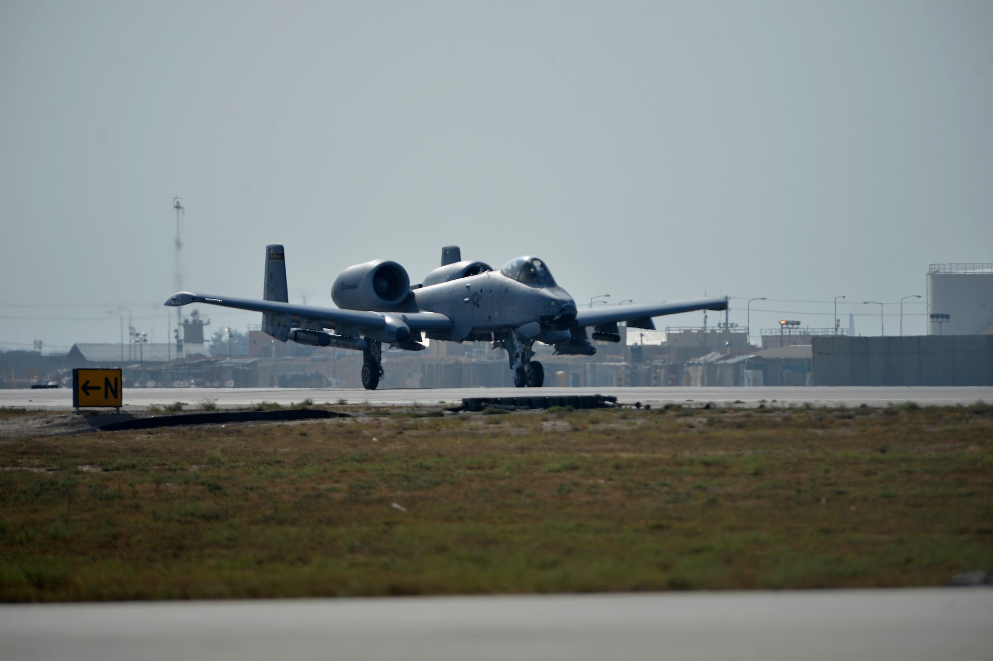 A U.S. Air Force A-10 Thunderbolt aircraft prepares to take off at Bagram Airfield, Afghanistan Oct. 24, 2014.  The A-10 is a specialized ground-attack aircraft which provides close air support to ground forces operating in Afghanistan. (U.S. Air Force photo by Staff Sgt. Evelyn Chavez)