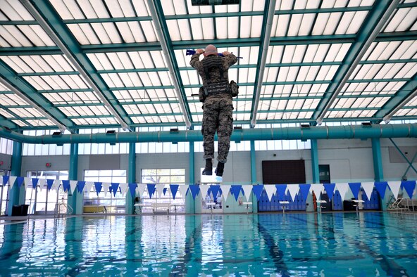 A Ranger Assessment Course student is pushed into a pool as part of the combat water survival portion of RAC, Oct. 2, 2014, in Las Vegas. Before entering the water, students wear blacked out goggles and are spun three times before being blindly pushed into the pool by an instructor. (U.S. Air Force photo/Airman 1st Class Christian Clausen)