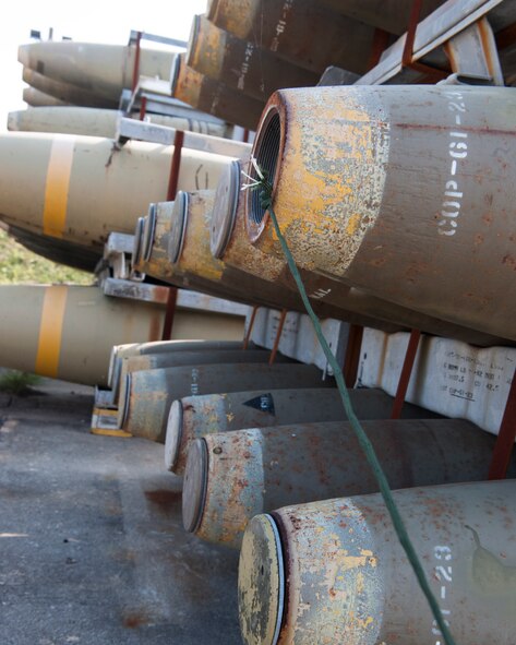 The above image shows a Mark-82  bomb attached to a detonation cord at the Kunsan Air Base Munitions Storage Area, following a successful emergency destruction of munitions simulation, Oct. 23, 2014. Although EDM usually takes more than 10 hours to complete with more than 70 personnel – Kunsan’s 8th Maintenance Squadron completed the process in record time with only 55 personnel. (U.S. Air Force photo by Senior Airman Katrina Heikkinen/Released)