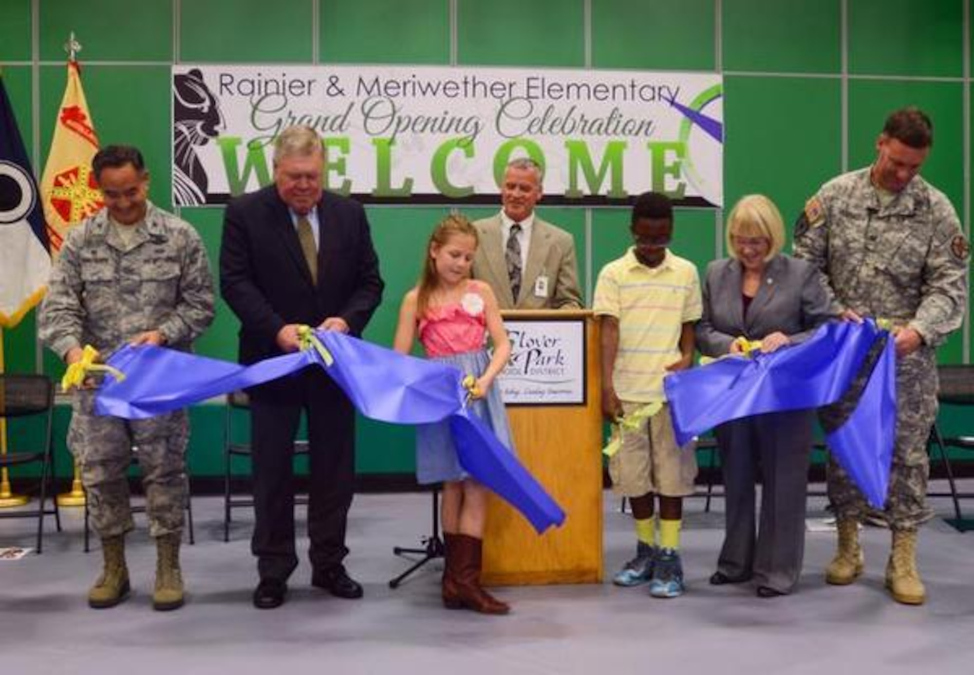 A ribbon cutting hosted by Clover Park School District celebrates the grand opening of Meriwether and Rainier Elementary Schools Oct. 8 at Meriwether Elementary School on Joint Base Lewis McChord. Special guests include U.S. Senator Patty Murray, former U.S. Congressman Norm Dicks, JBLM Commander Col. H. Charles Hodges, Jr. and Col. David Kumashiro, 62nd AW commander. (Northwest Guardian photo/Daniell Gregory)