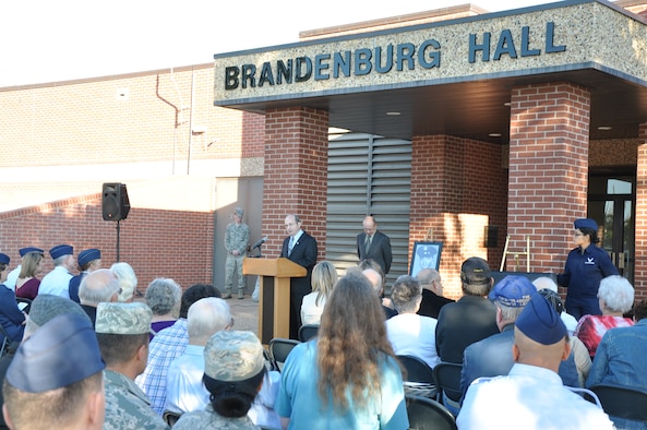 GOODFELLOW AIR FORCE BASE, Texas – Retired Chief Master Sgt. Ed A. Bendinelli, Freedom Through Vigilance Association member, speaks during the Brandenburg Hall Memorialization at the 17th Training Group building Oct. 27. Service members, retirees and family members paid their respects to Sgt. Dale Brandenburg, Vietnam War veteran and airborne radio maintenance technician, who was killed while flying in a reconnaissance mission.  (U.S. Air Force photo/ Senior Airman Joshua Edwards)