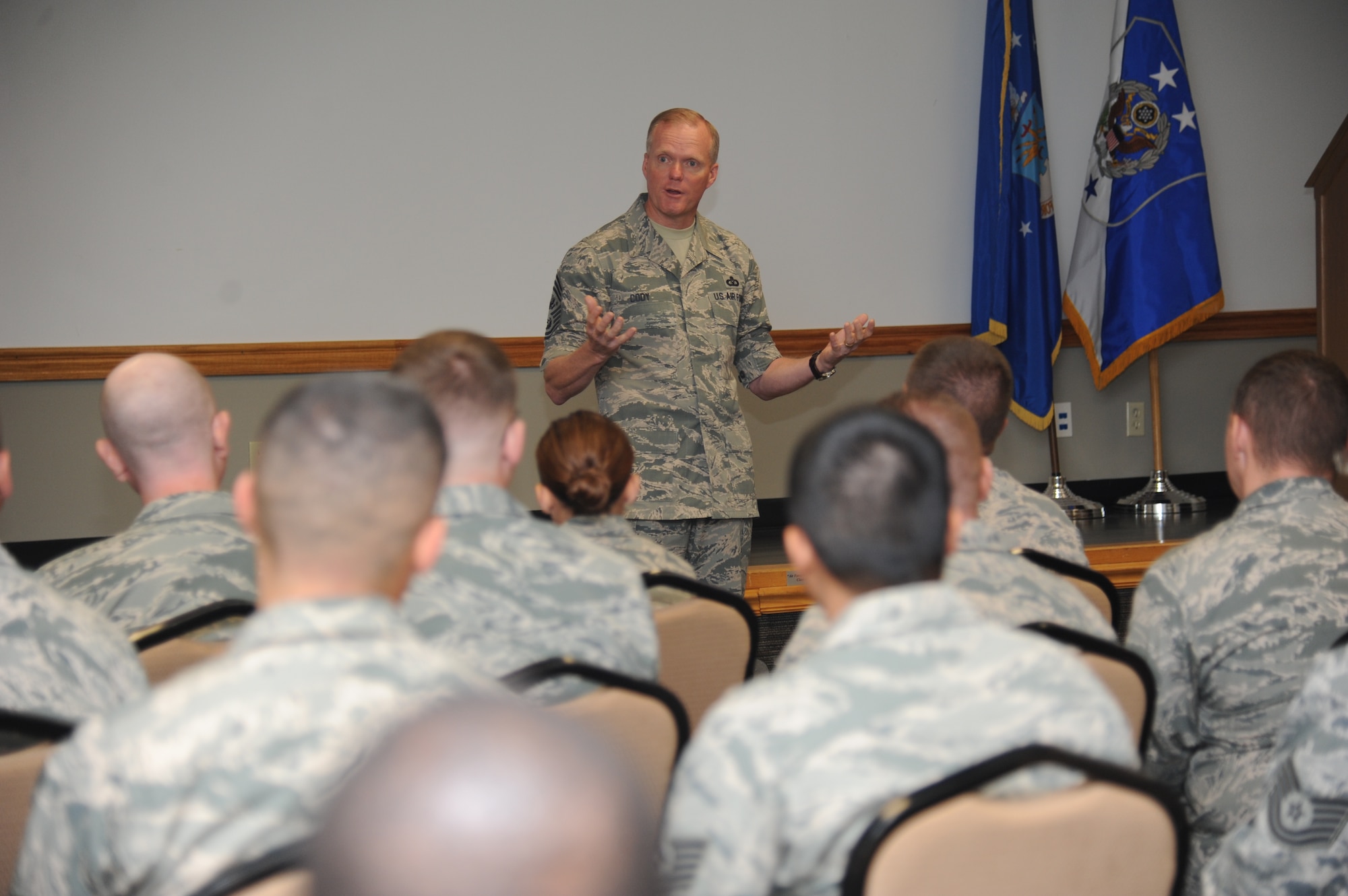 Chief Master Sgt. of the Air Force James A. Cody addresses students in the Mathies NCO Academy Intermediate Leadership Experience course Oct. 23, 2014, at the Mathies NCO Academy auditorium, Keesler Air Force Base, Miss.  Cody was the guest speaker for the first graduating class of technical sergeants from the Intermediate Leadership Experience course.  (U.S. Air Force photo by Kemberly Groue)