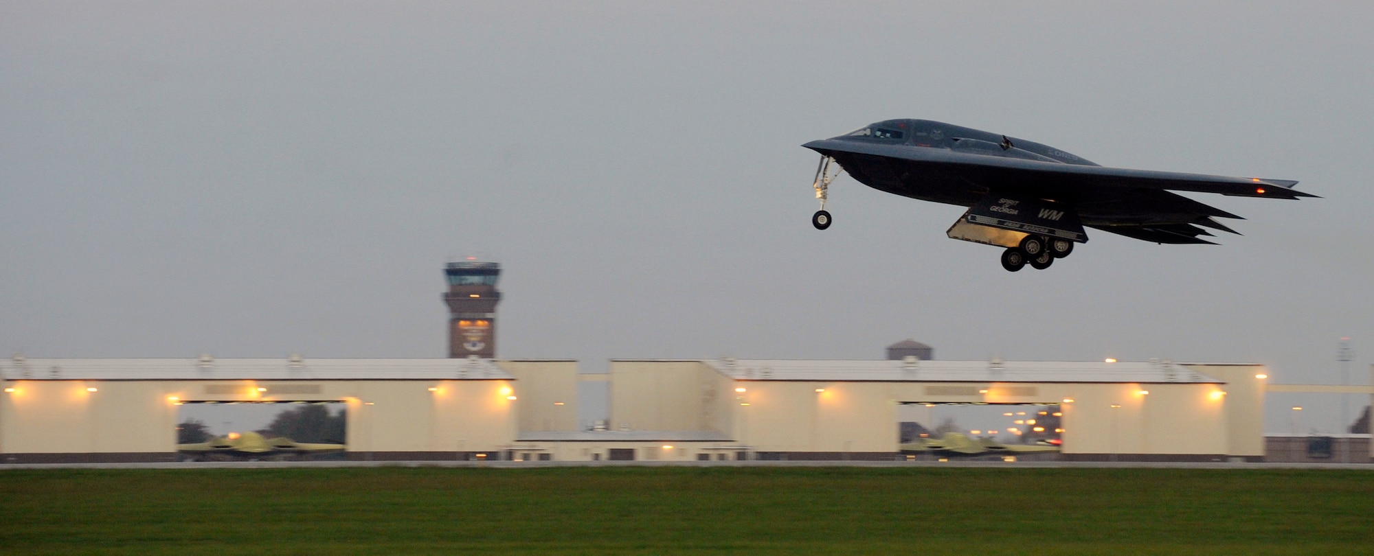 A B-2 Spirit takes off from Whiteman Air Force Base, Mo., Oct. 26, 2014. The aircraft is a multi-role bomber capable of delivering both conventional and nuclear munitions. The B-2's flight was in support of Global Thunder 15, a field training and battle staff exercise designed to exercise all U.S. Strategic Command mission areas with primary emphasis on nuclear command, control and communications. (U.S. Air Force photo by Staff Sgt. Alexandra M. Boutte/Released)