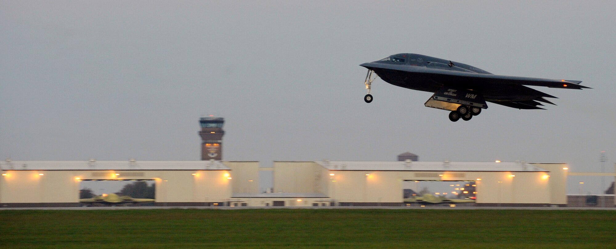 A B-2 Spirit takes off from Whiteman Air Force Base, Mo., Oct. 26, 2014. The aircraft is a multi-role bomber capable of delivering both conventional and nuclear munitions. The B-2's flight was in support of Global Thunder 15, a field training and battle staff exercise designed to exercise all U.S. Strategic Command mission areas with primary emphasis on nuclear command, control and communications. (U.S. Air Force photo by Staff Sgt. Alexandra M. Boutte/Released)