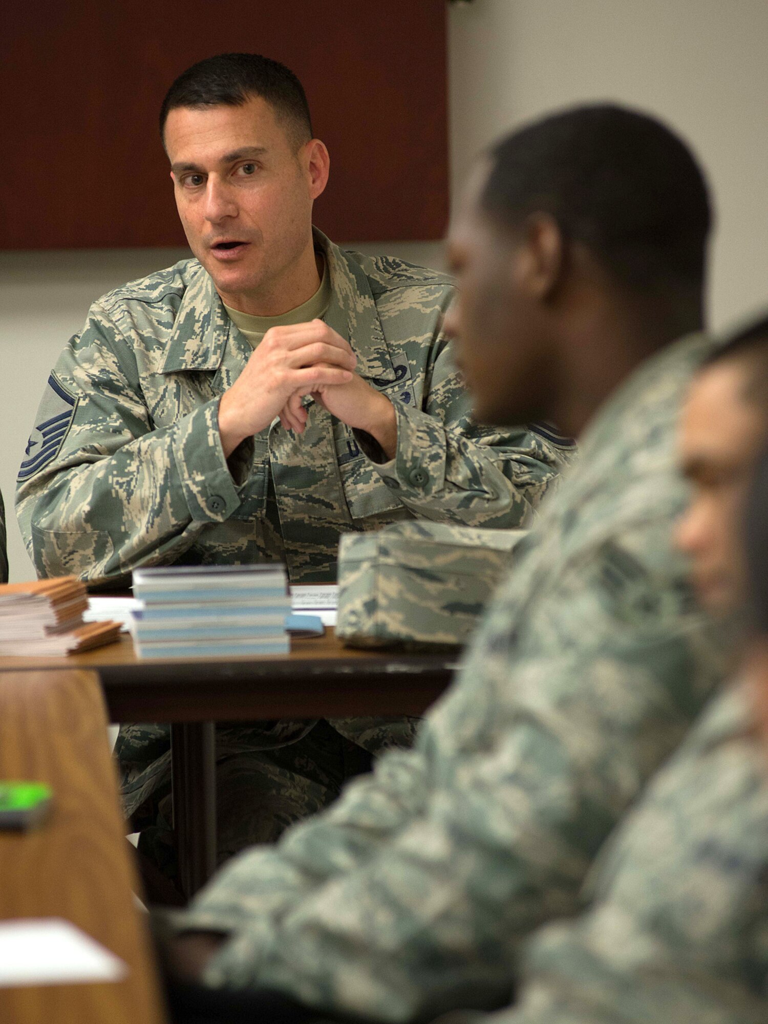 Master Sgt. Aaron Marley speaks to Airmen during a Senior NCO mentorship panel discussion open to junior enlisted members at the Hanscom Conference Center Oct. 24. Among the topics discussed were the Enlisted Evaluation System, professional military education and vectoring for developmental special duty assignments. (U.S. Air Force photo by Mark Herlihy)