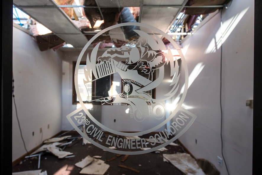 An entryway into the 23d Civil Engineer Squadron’s old building still stands during demolition Oct. 28, 2014, at Moody Air Force Base, Ga. Demolition of the building is expected to be completed in December. (U.S. Air Force photo by Airman 1st Class Ryan Callaghan/Released)