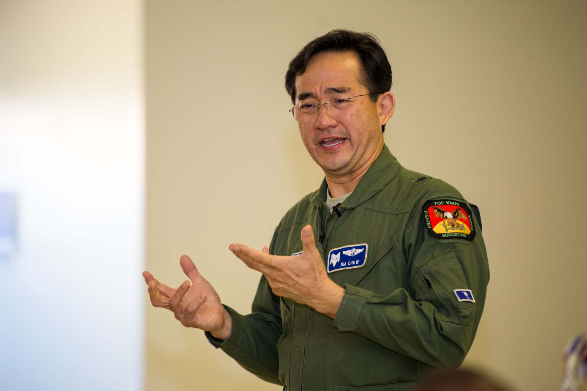 U.S. Air Force Brig. Gen. Jim Chow, the Air National Guard Assistant to the Surgeon General for policy and operation of the USAF, spoke on diversity and the ideals of being an American and giving back to society. Airmen, assigned to the 169th Fighter Wing at McEntire Joint National Guard Base of the South Carolina Air National Guard, celebrate Diversity Day by eating a variety of ethnic foods and sharing cultural camaraderie, Oct. 4, 2014. Diversity Day combines the Department of Defense's monthly diversity programs into a one day event for guardsmen to learn about other cultures and to celebrate diversity. (U.S. Air National Guard by photo by Tech. Sgt. Jorge Intriago/Released) 