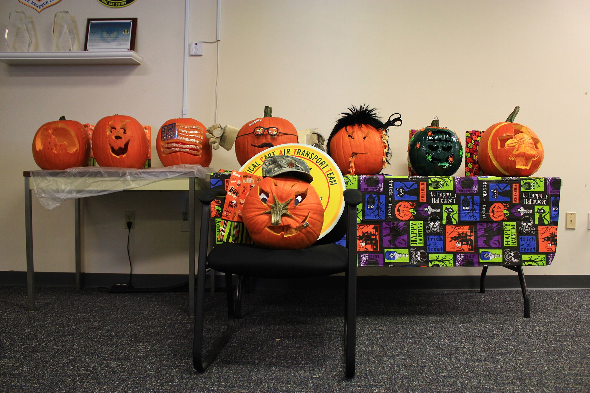 WRIGHT-PATTERSON AIR FORCE BASE, Ohio - Members of the 445th Aeromedical Staging Squadron participated in a pumpkin carving contest held during the Oct. 5, 2014 unit training assembly. The event was hosted by the Airman's Council. (U.S. Air Force photo/Tech. Sgt. Patrick O'Reilly)