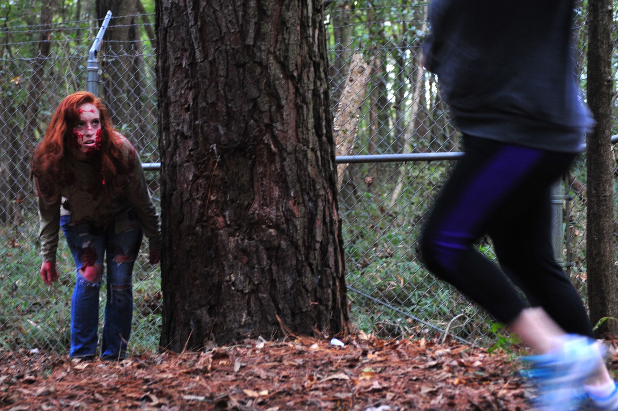 A zombie gets ready to attack an unsuspecting runner during a Zombie 5K at Seymour Johnson Air Force Base, North Carolina, Oct. 24. (U.S. Air Force photo/Senior Airman John Nieves Camacho)