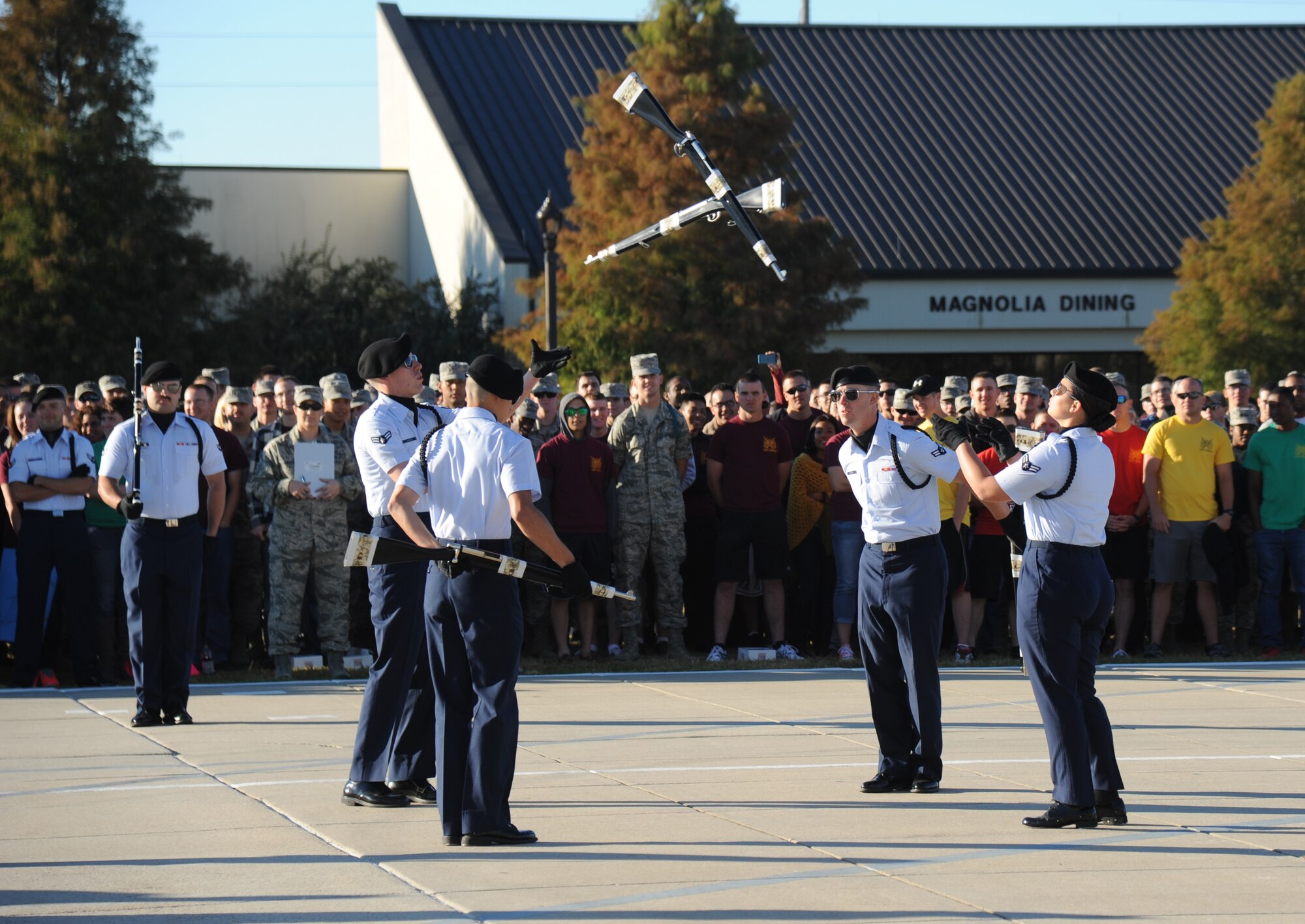 Members of the 334th Training Squadron freestyle drill team perform during the 81st Training Group drill down Oct. 24, 2014, at the Levitow Training Support Facility Drill Pad, Keesler Air Force Base, Miss.  The 334th TRS “Gators” placed third in the freestyle competition. (U.S. Air Force photo by Kemberly Groue)