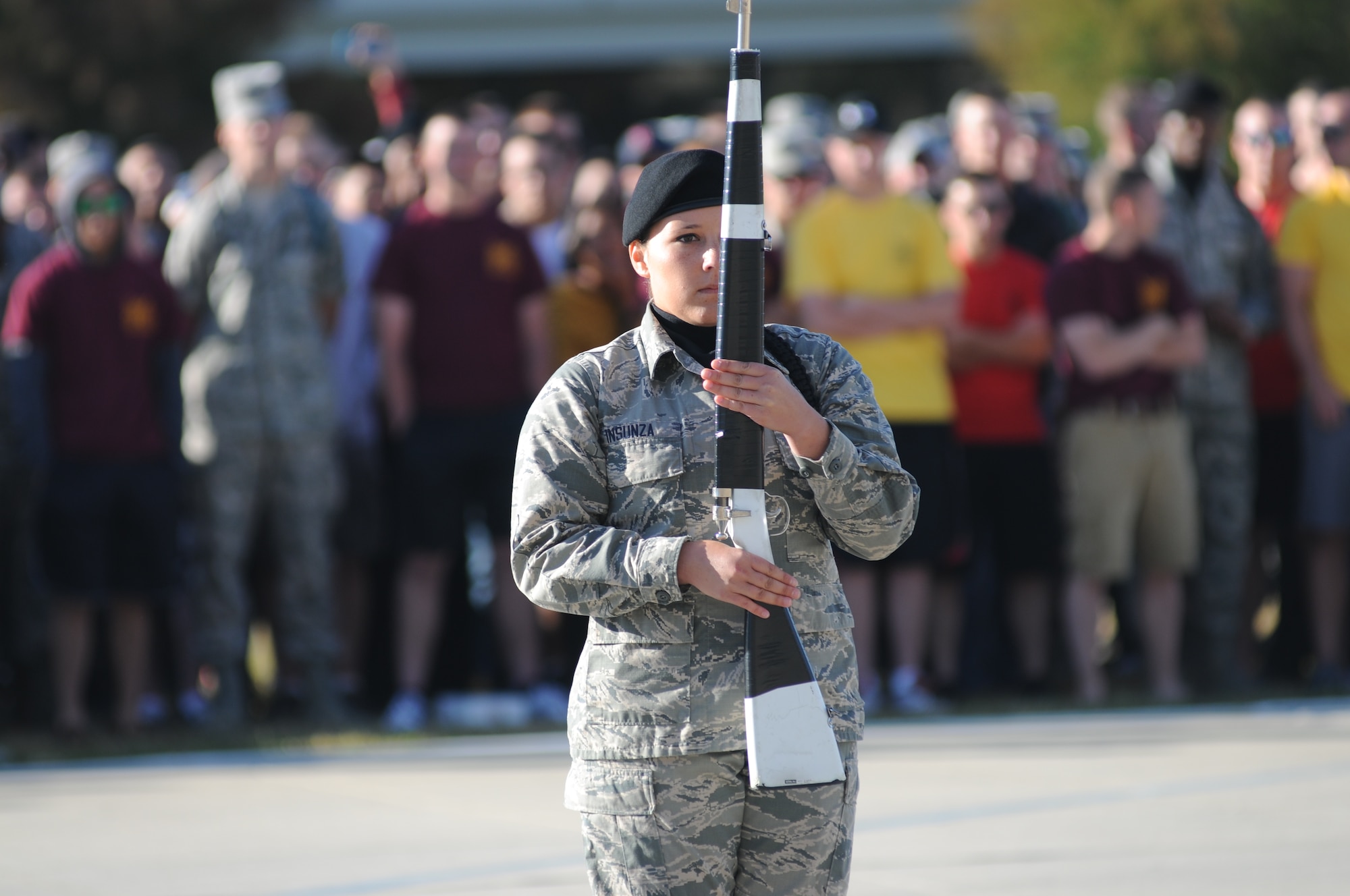 Airman Basic Lydia Insunza, 338th Training Squadron, performs during the freestyle portion of the 81st Training Group drill down Oct. 24, 2014, at the Levitow Training Support Facility Drill Pad, Keesler Air Force Base, Miss.  The 338th TRS “Dark Knights” placed first overall. (U.S. Air Force photo by Kemberly Groue)